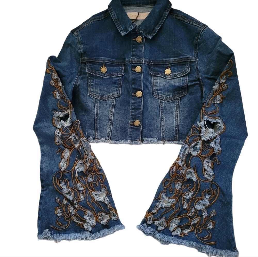 Cropped Embroidered Long Bell Sleeve Button Up Denim Jean Jacket - Picture 2 of 13